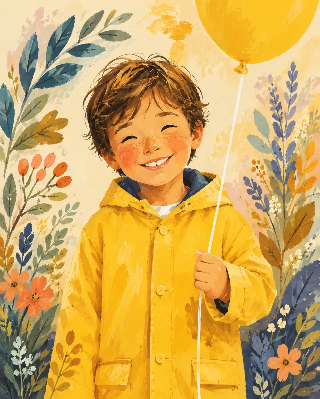 Boy portrait converted into botanical gouache folk art