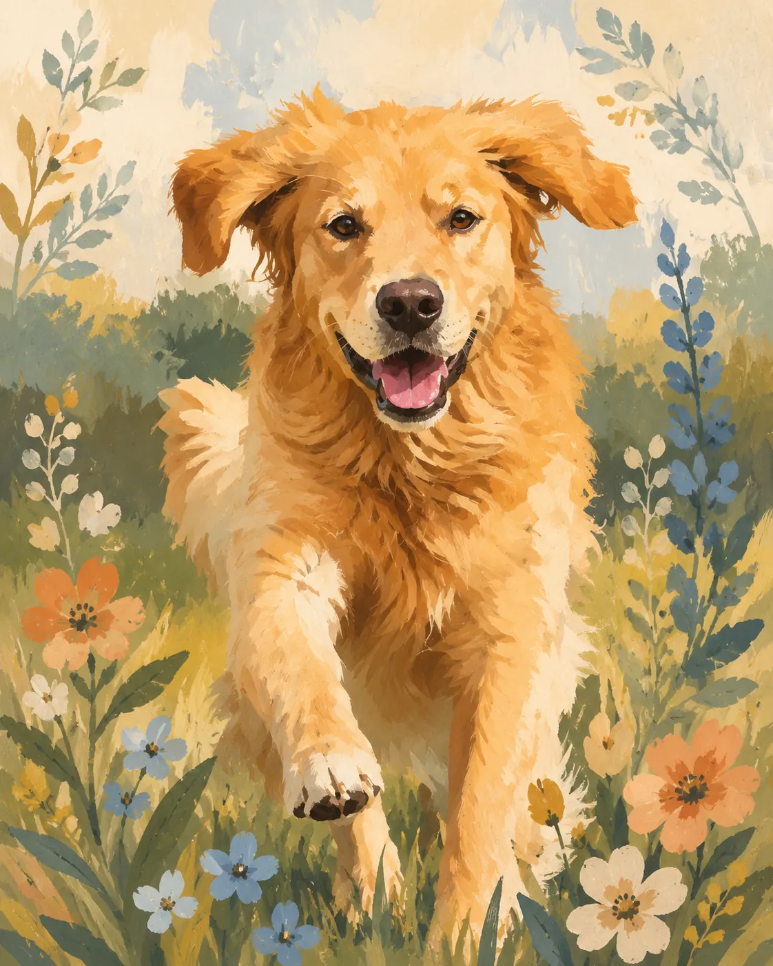 Dog photo converted into matte gouache folk art