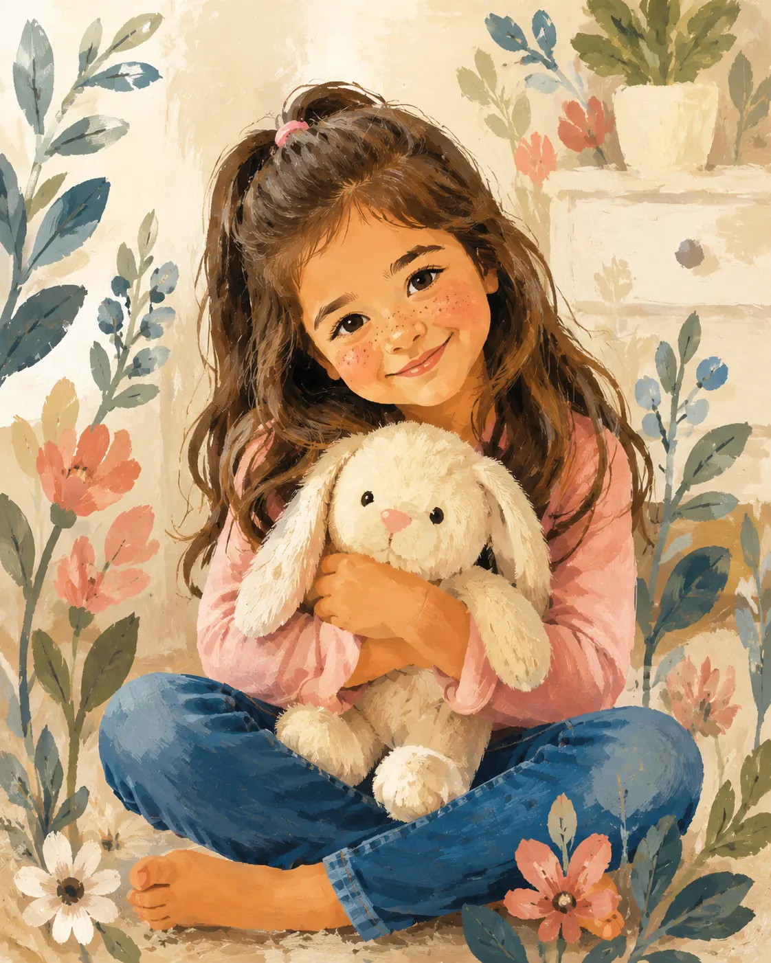 Girl portrait converted into matte gouache folk art