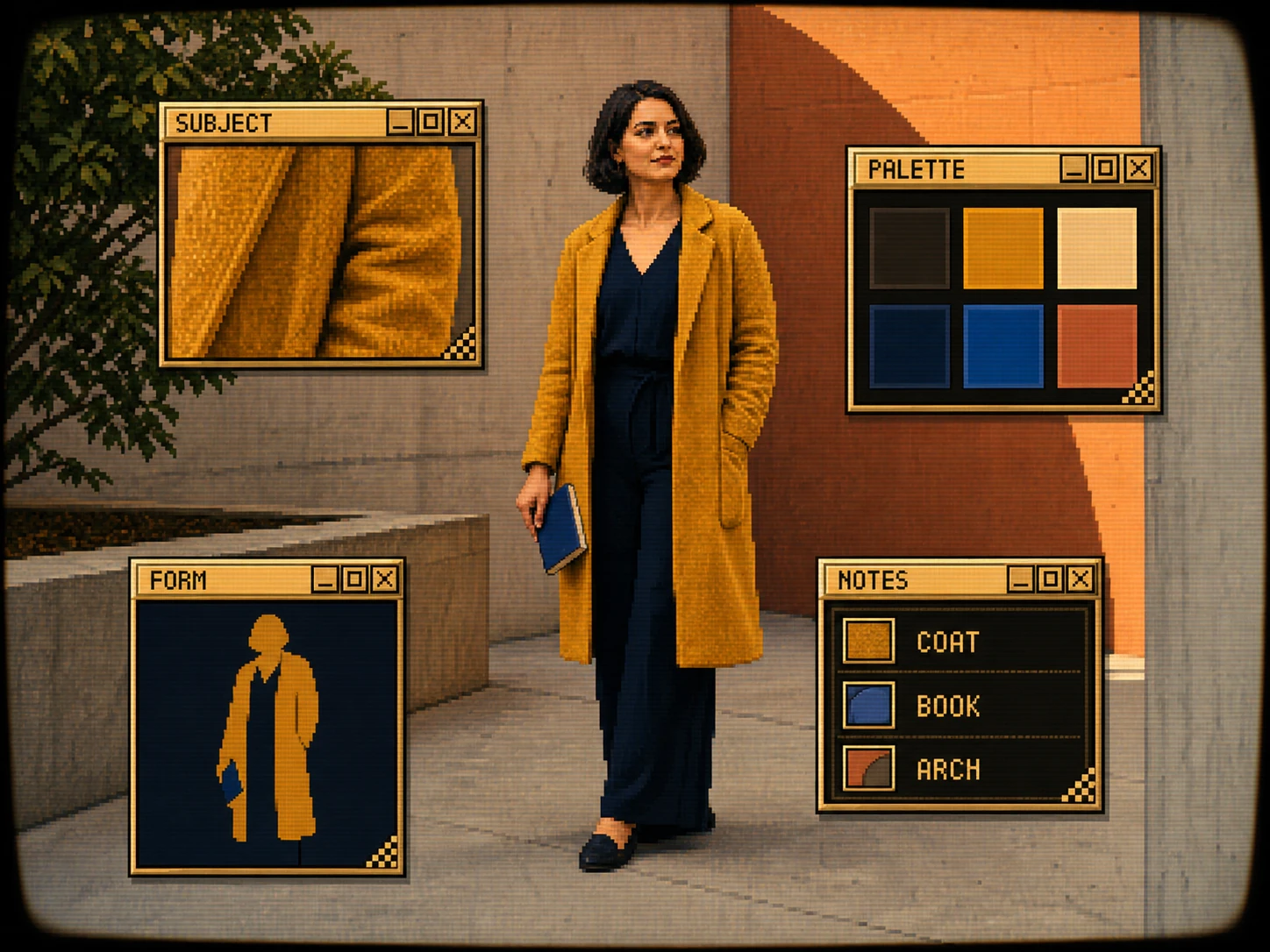 Courtyard portrait rebuilt as an amber early-desktop CRT interface