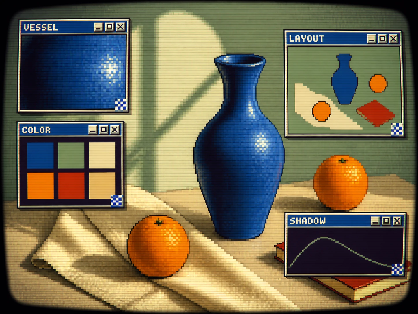 Vase and fruit still life rebuilt as a colorful CRT desktop interface