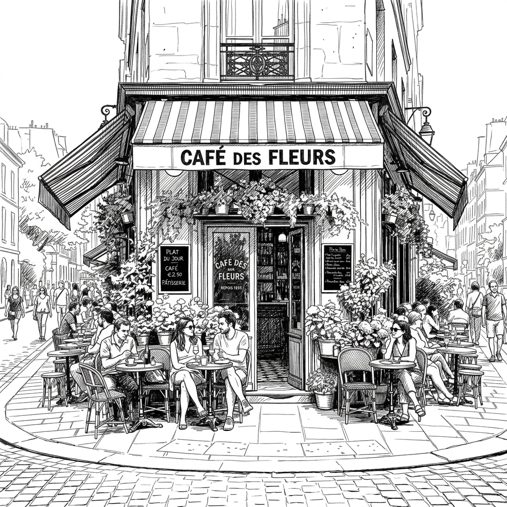 Street scene converted into an urban sketch with clean outlines