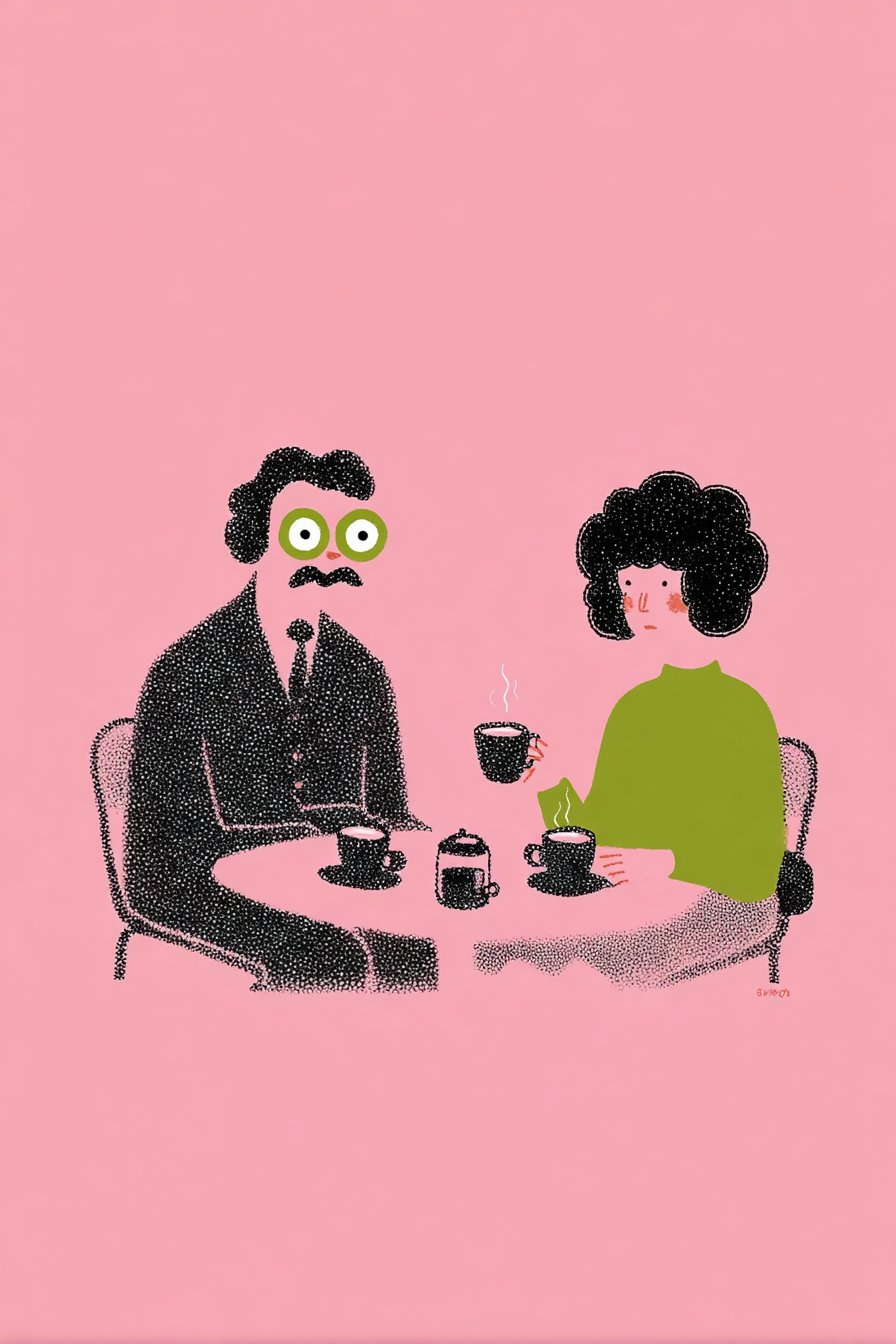 Naive storybook illustration with pastel pink negative space, black stippled ink, and olive green accents